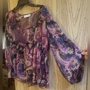Y2K Sheer Fairy Grunge Peasant Top L Whimsigoth Paisley Balloon Sleeve Purples